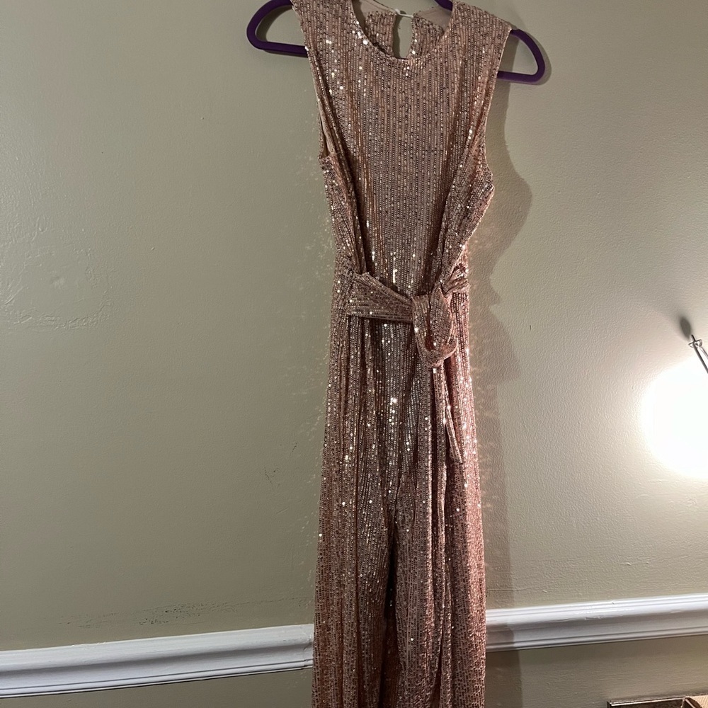 Ladies lined Jumpsuit Bronze color flare legs w/ tie sash - Picture 6 of 15